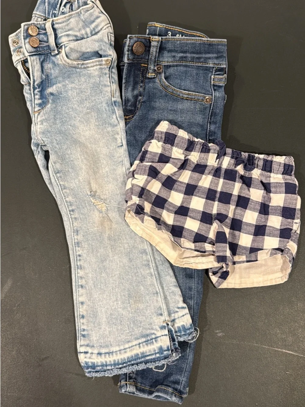 GAP Light Wash Jeans, Dark Denim Jeans & Cat and Jack Navy Gingham Shorts